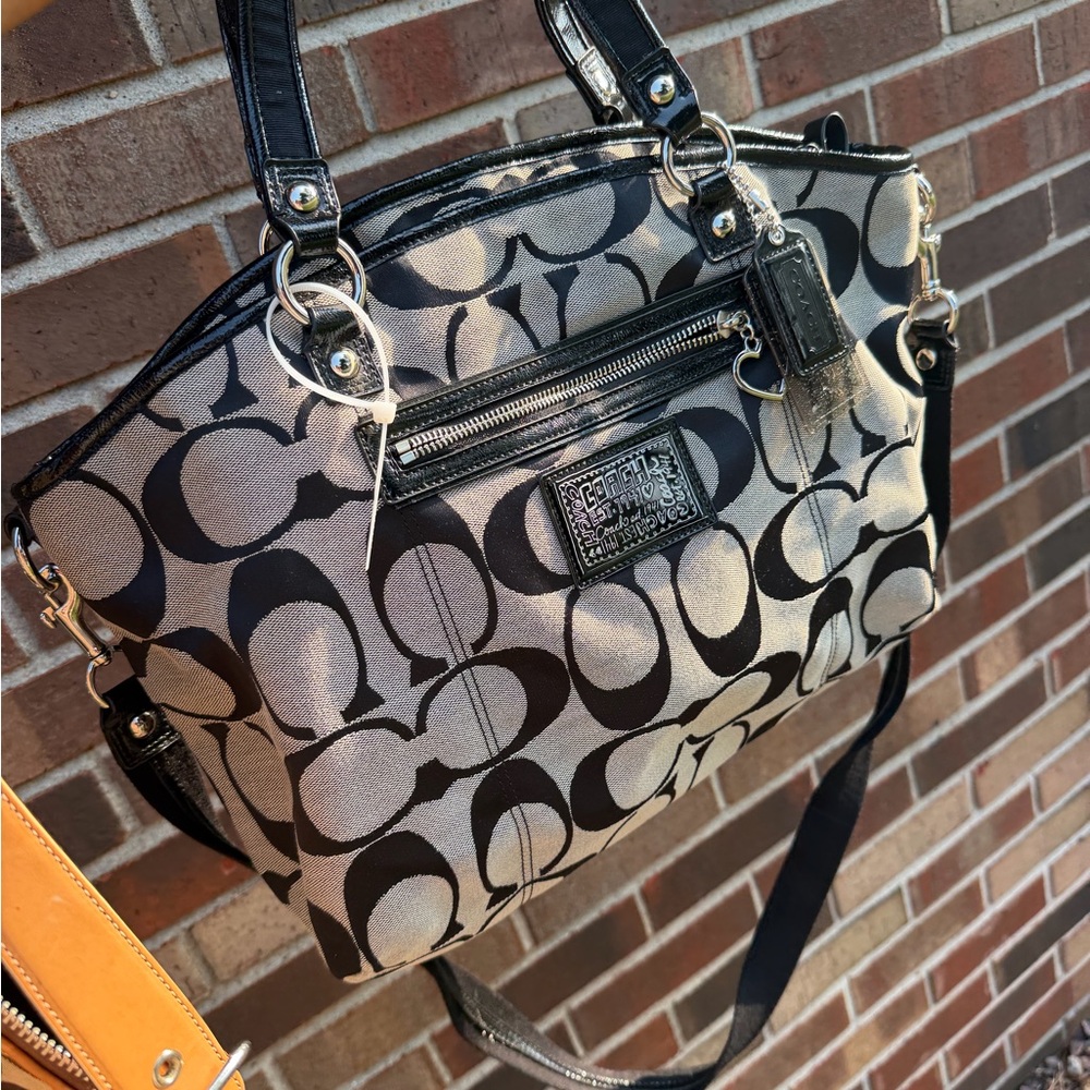 Coach Black and Cream Signature Satchel with Leather Trim